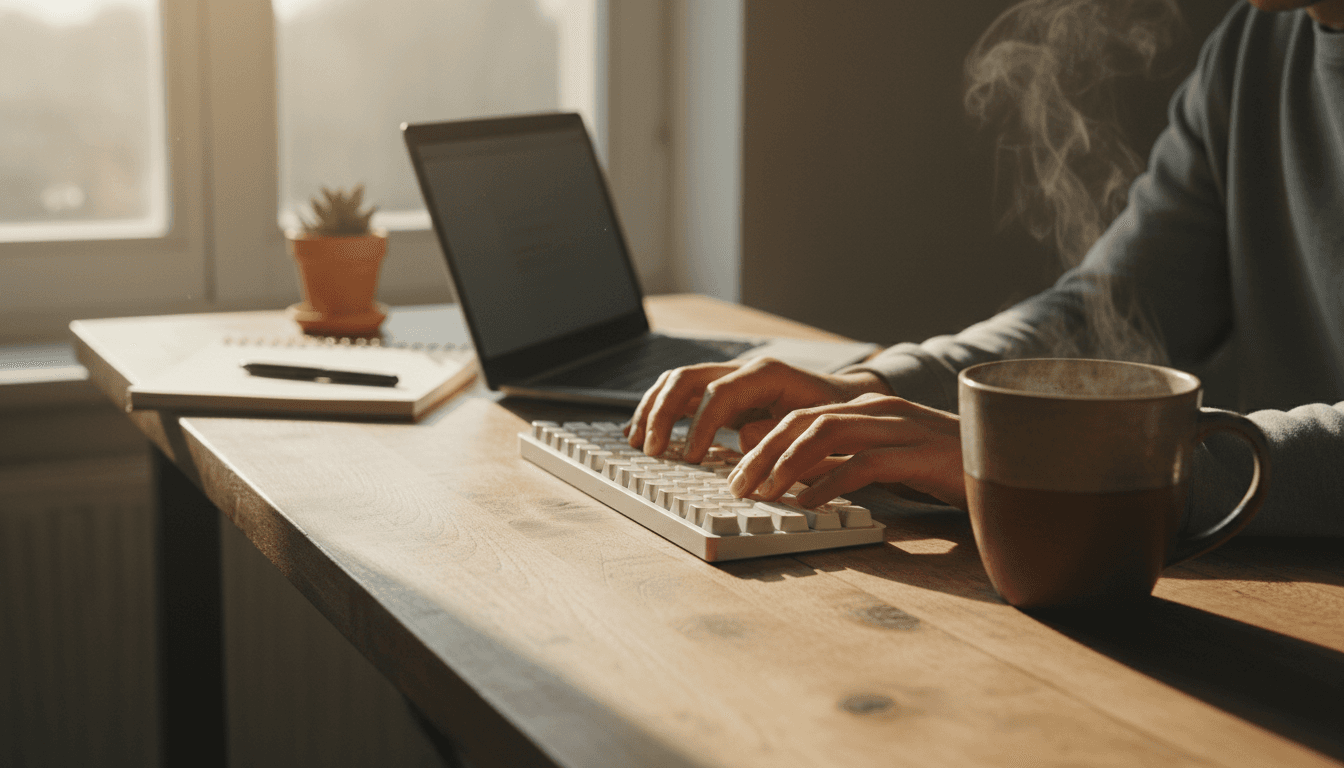 Author writing at desk with notebook and coffee in warm natural light