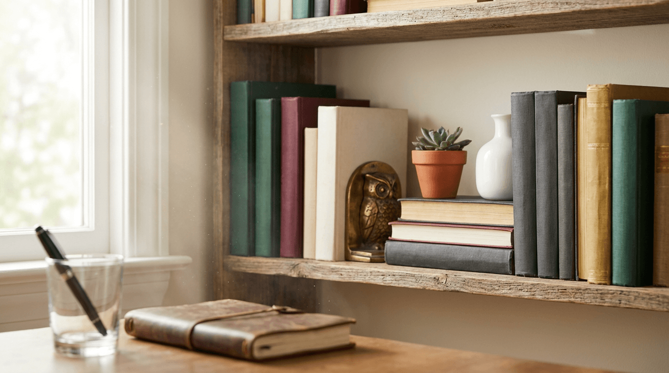 Sunlit bookshelf with colorful books, journal, pen, and plant, dust motes floating in natural light.