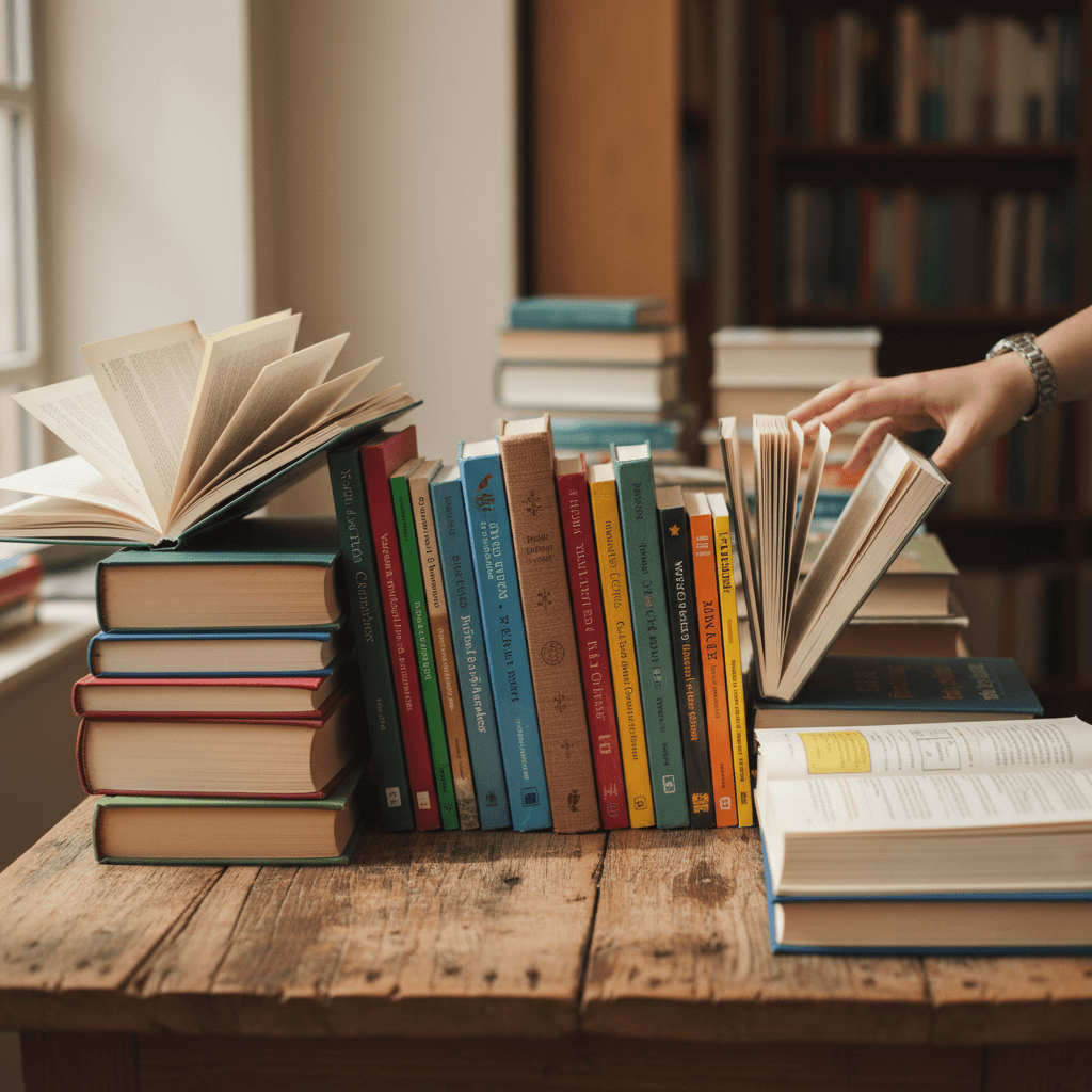 Collection of published books on display