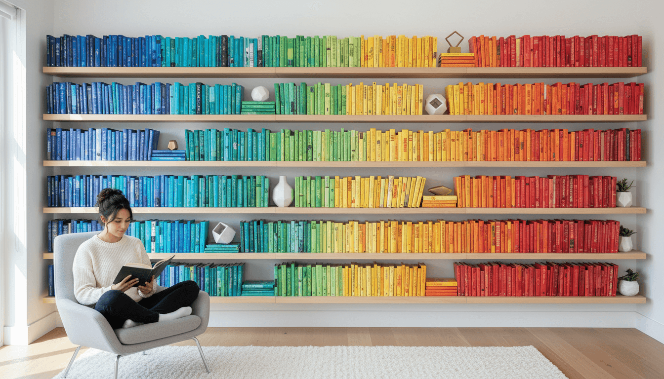 A curated collection of books displayed on a wooden shelf with warm ambient lighting