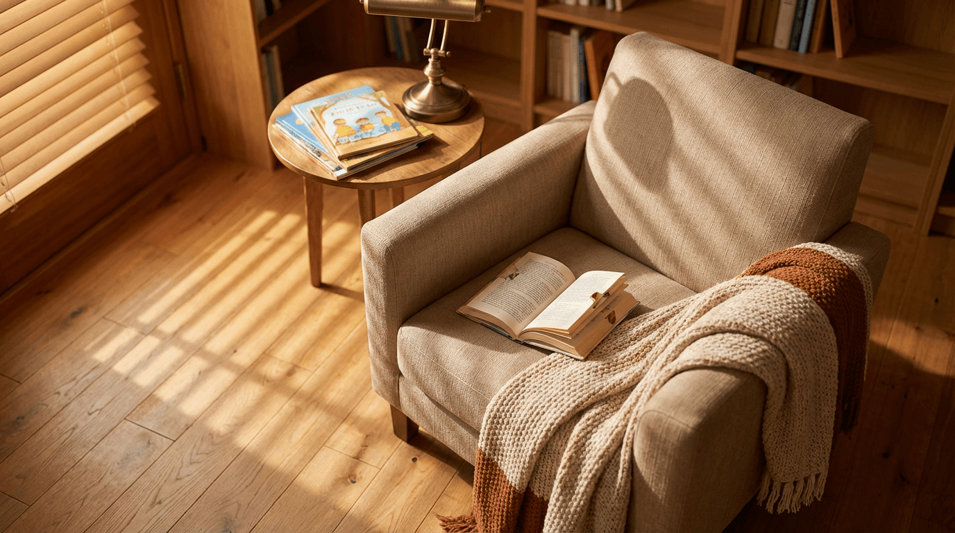 Cozy reading nook with open book on cushioned chair, soft blanket, and window shadows in warm afternoon light.
