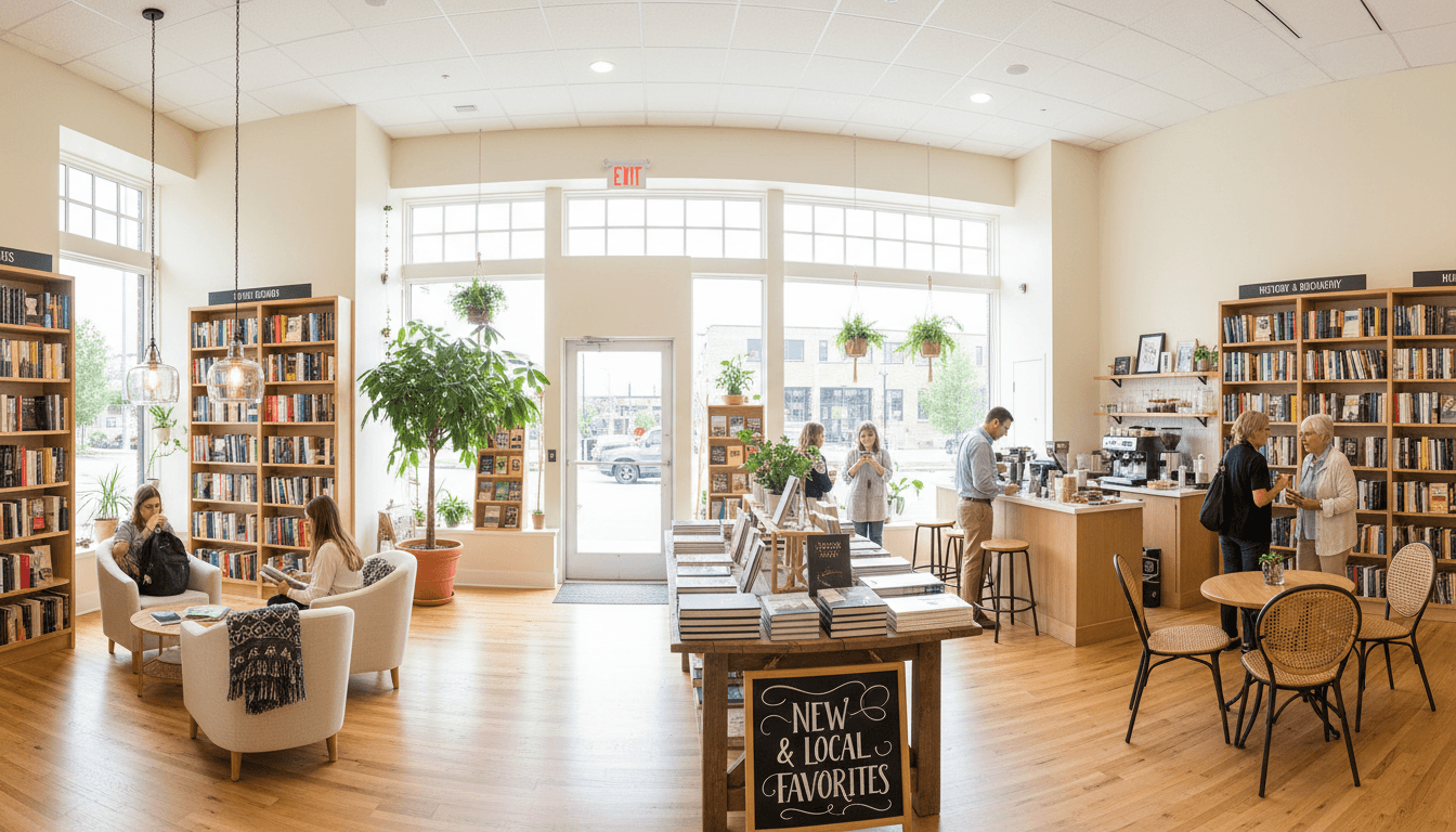 Spacious bookstore interior with diverse customers browsing shelves, reading areas, and displays in natural light