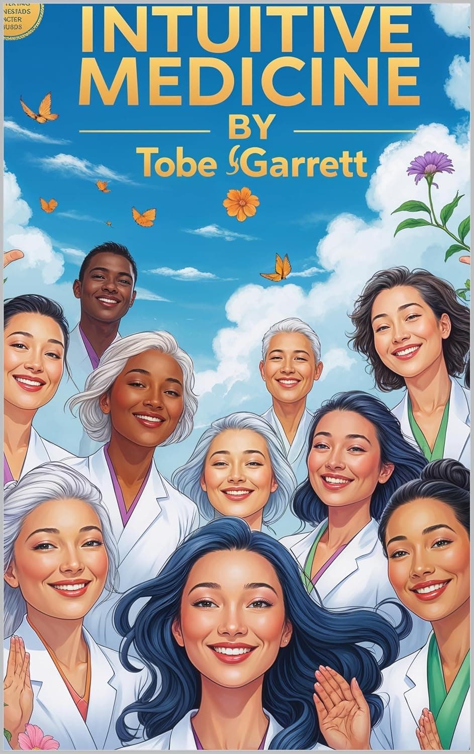 Book cover for Intuitive Medicine by Tobe Garrett featuring diverse smiling healthcare professionals.
