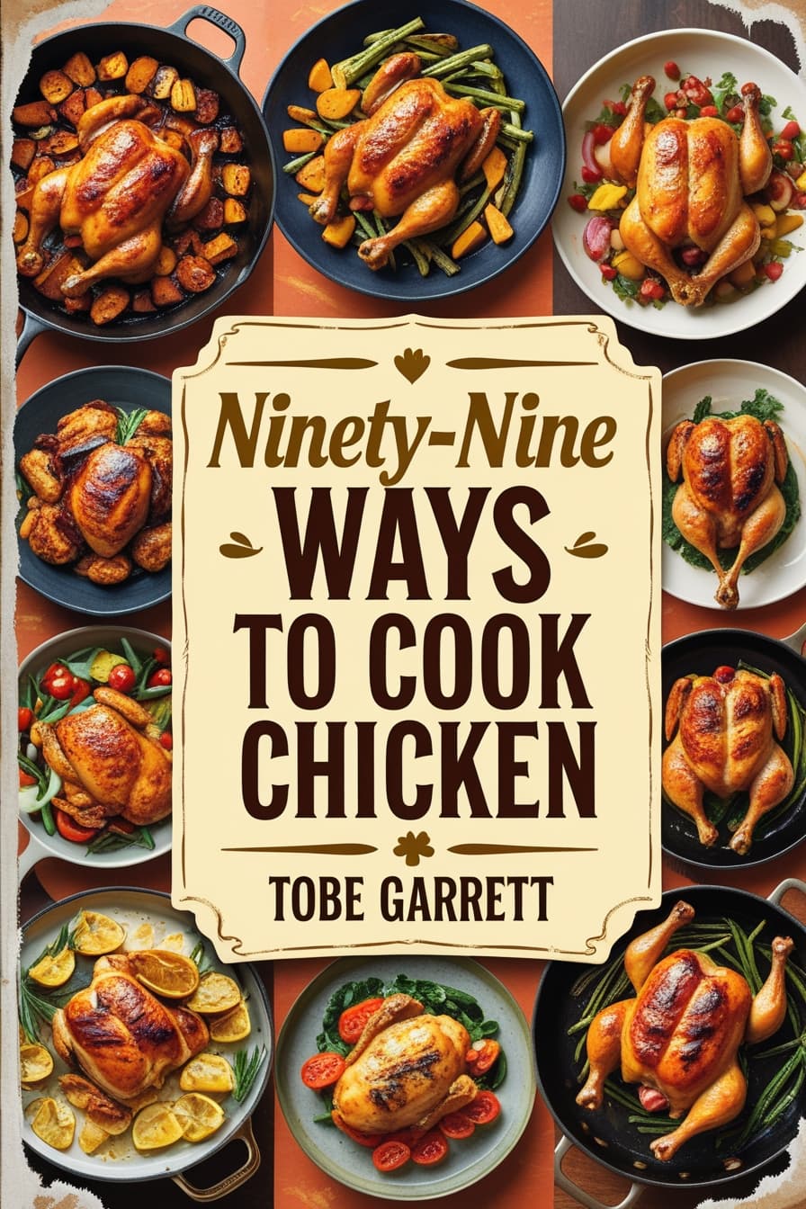 Cookbook cover titled Ninety-Nine Ways to Cook Chicken by Tobe Garrett, featuring roasted chicken dishes.