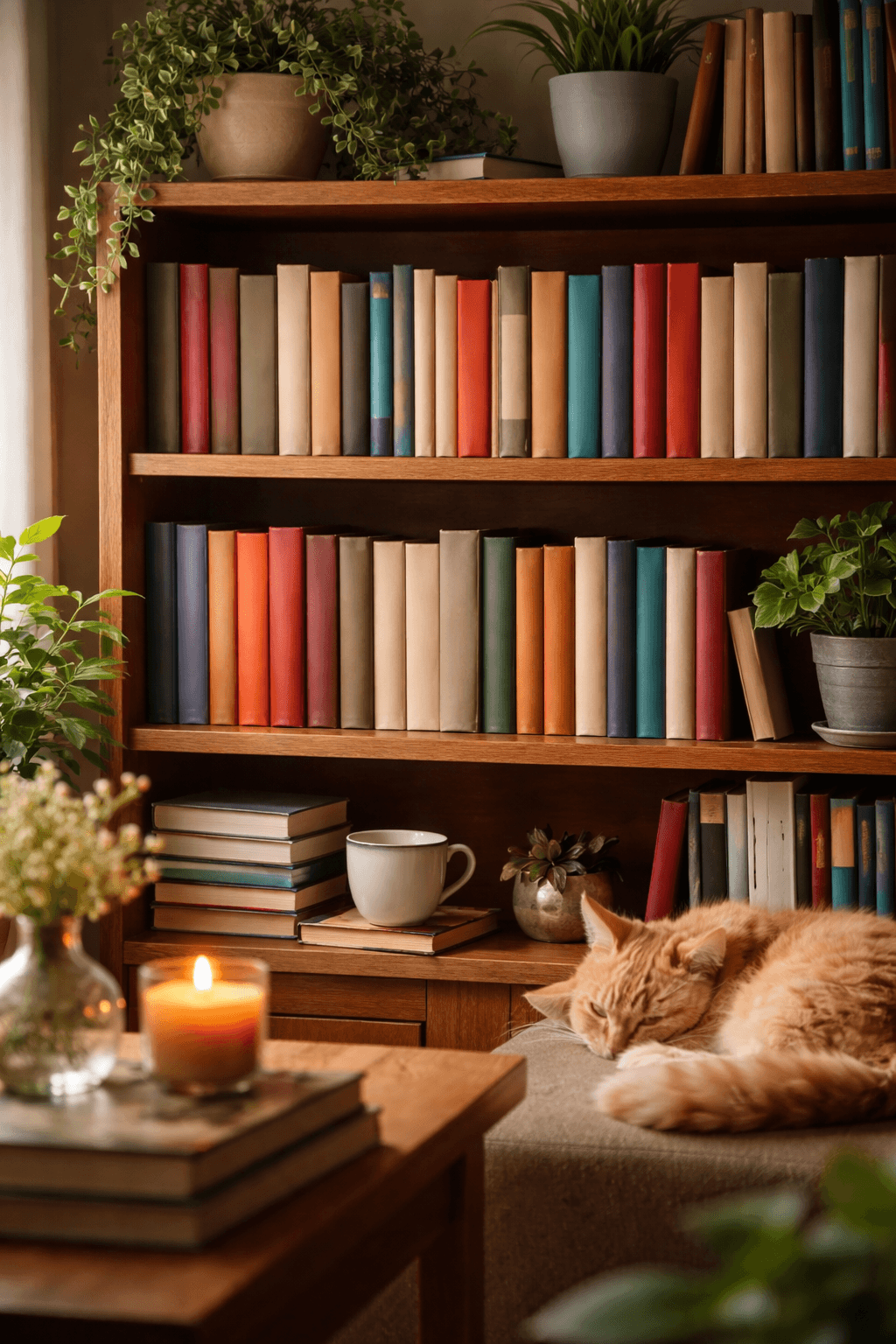 An orange cat sleeps peacefully in front of a wooden bookshelf filled with colorful books.