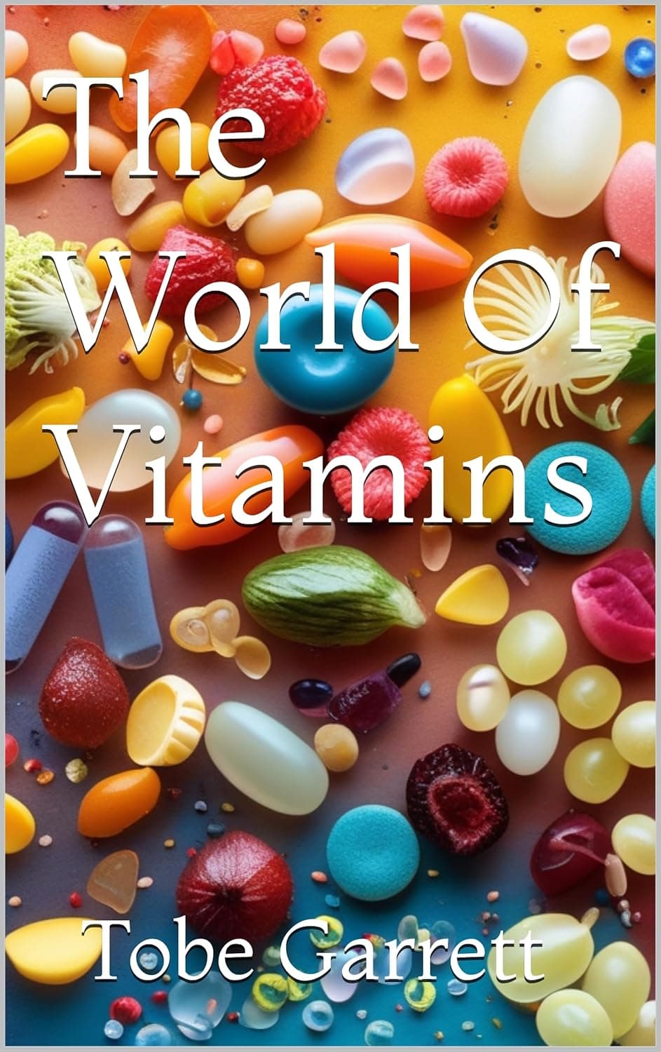 Book cover titled 'The World Of Vitamins' featuring colorful scattered pills, capsules, and gummies.