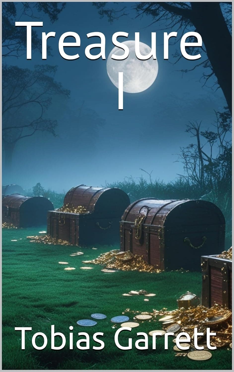Treasure chests overflowing with gold coins in a misty field under a full moon.